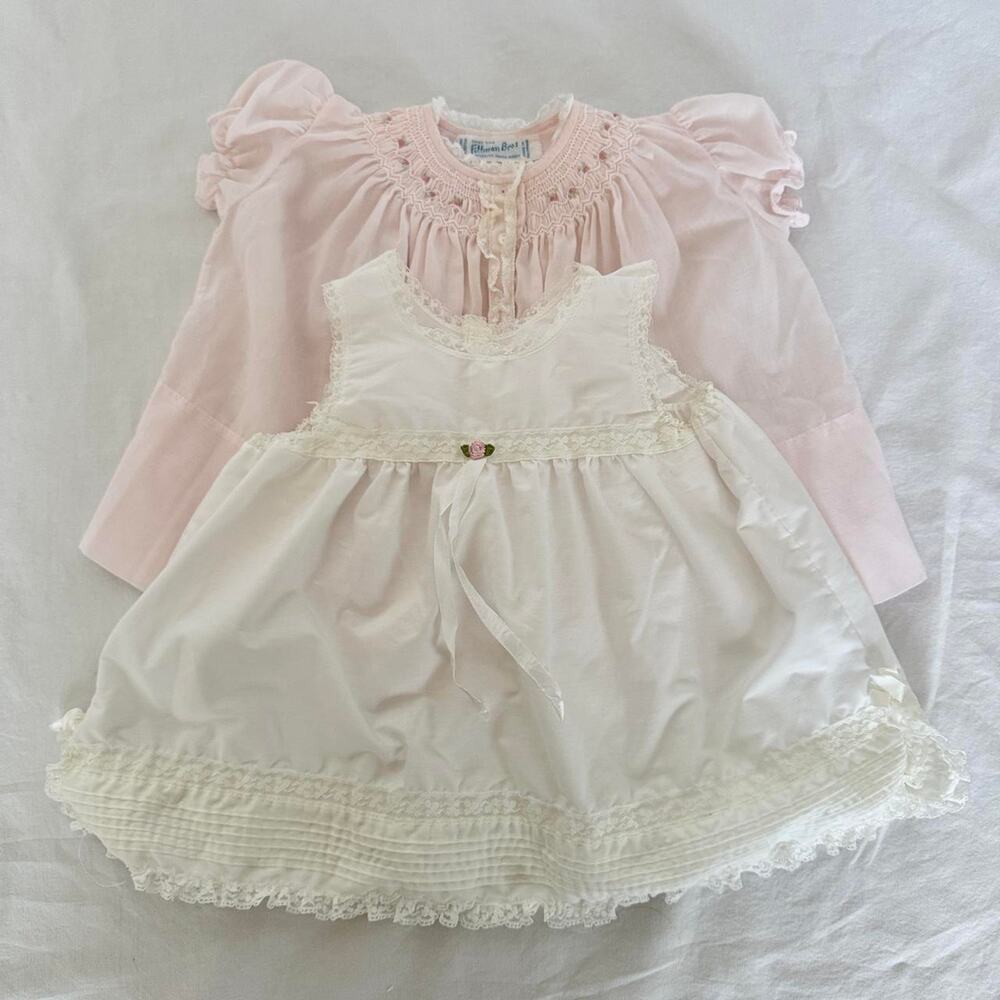 Vintage 1950s Baby Girl Dress & Robe Set Hand Smocked Lace 6-12M